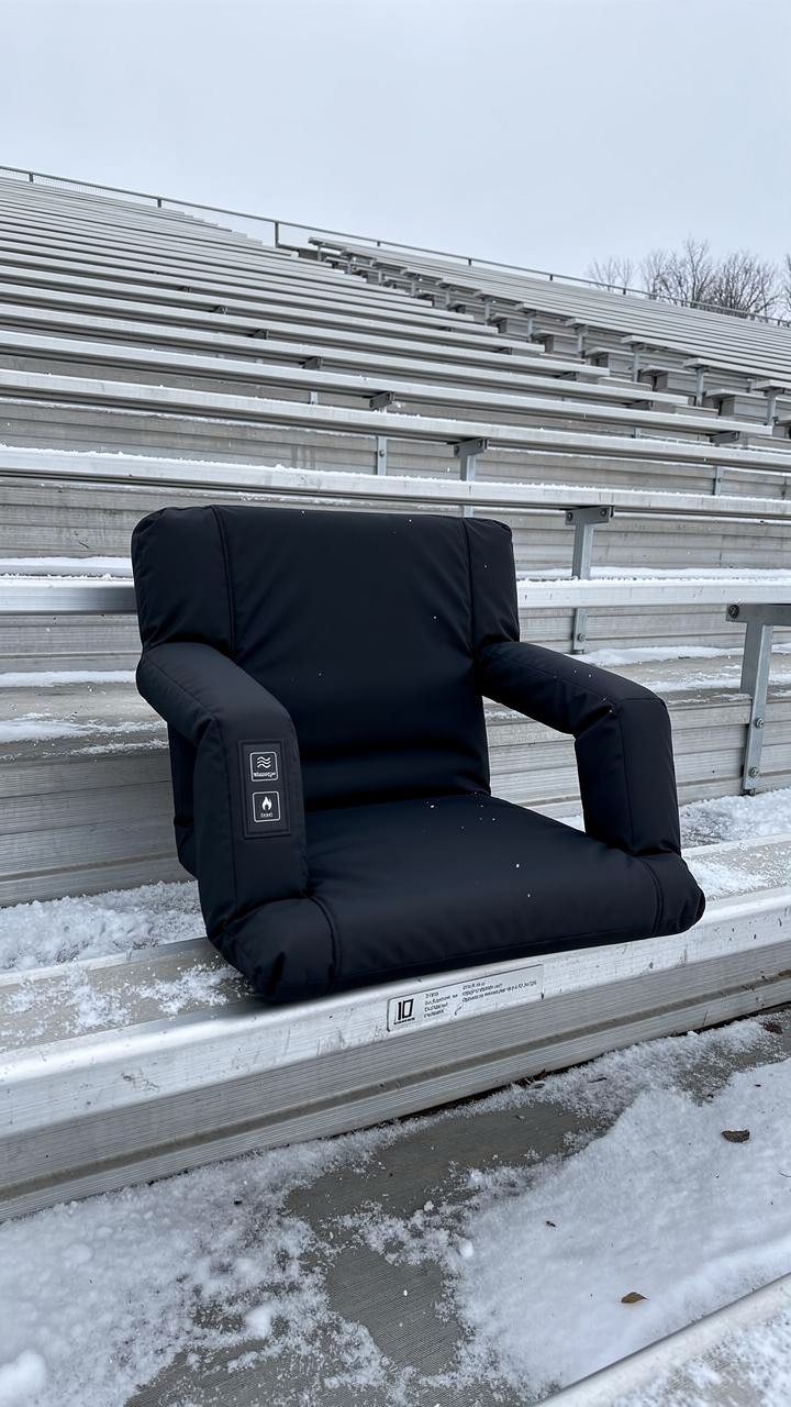 Empty snowy aluminum bleachers with a CozyCushions seat
