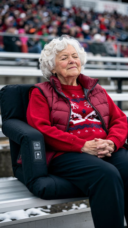 Fan staying warm on a CozyCushions heated seat at a snowy stadium